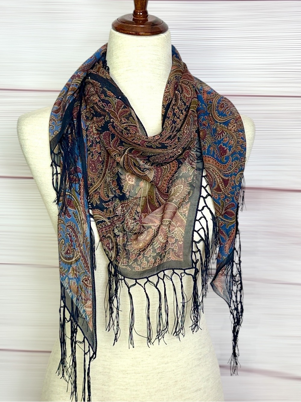 Laura Ashley Triangular Scarf Silk (?) Chiffon Brown Taupe Blue Paisley Print